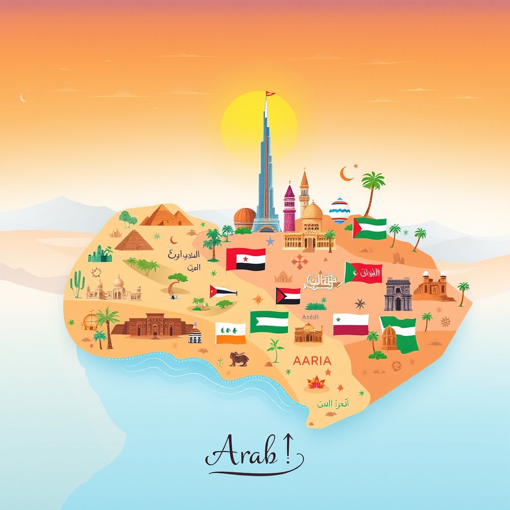 A beautifully illustrated map that showcases all Arab countries in a vibrant and artistic style