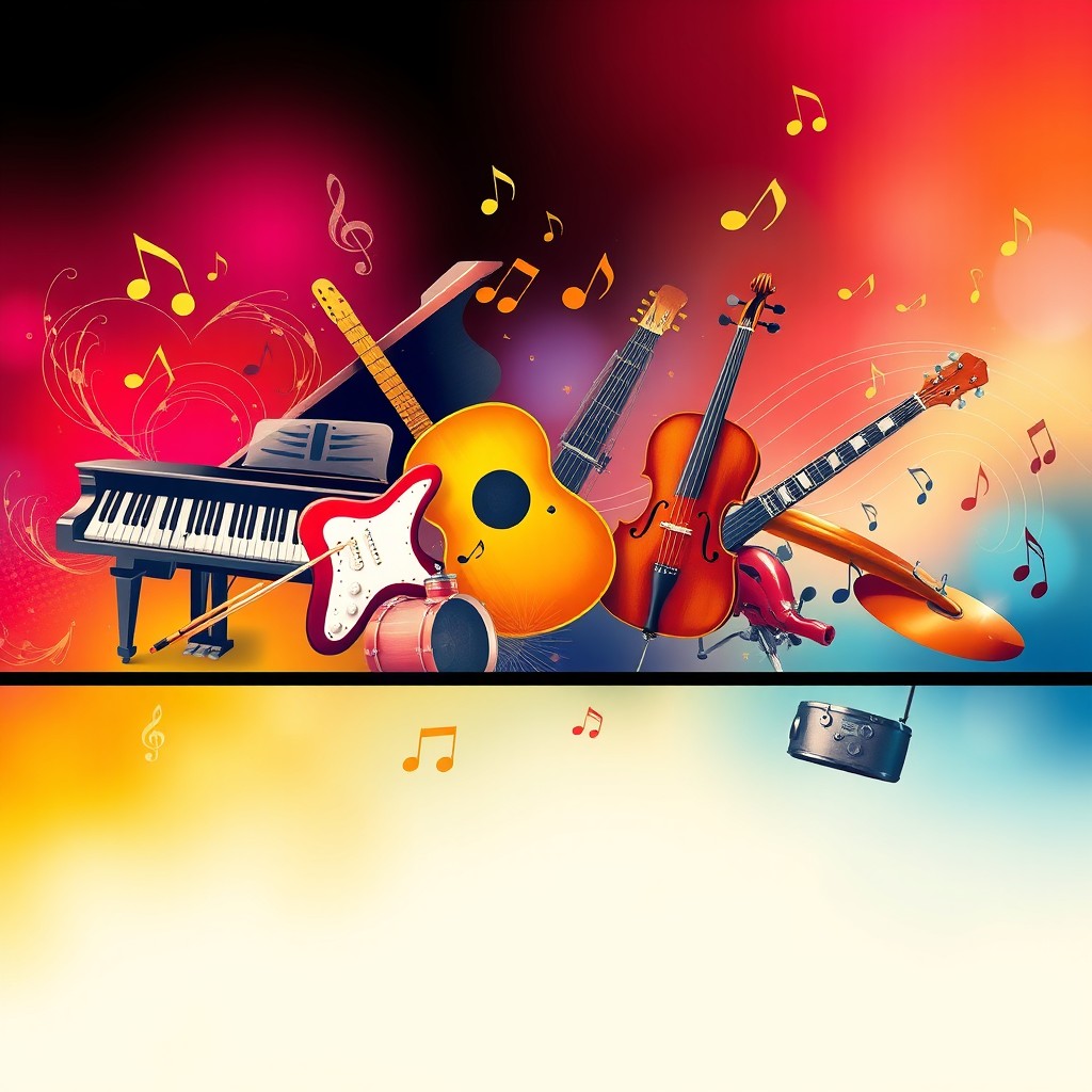 A vibrant horizontal illustration featuring a stunning array of musical instruments, including a grand piano, electric guitar, trumpet, violin, and drums, artistically arranged across the canvas