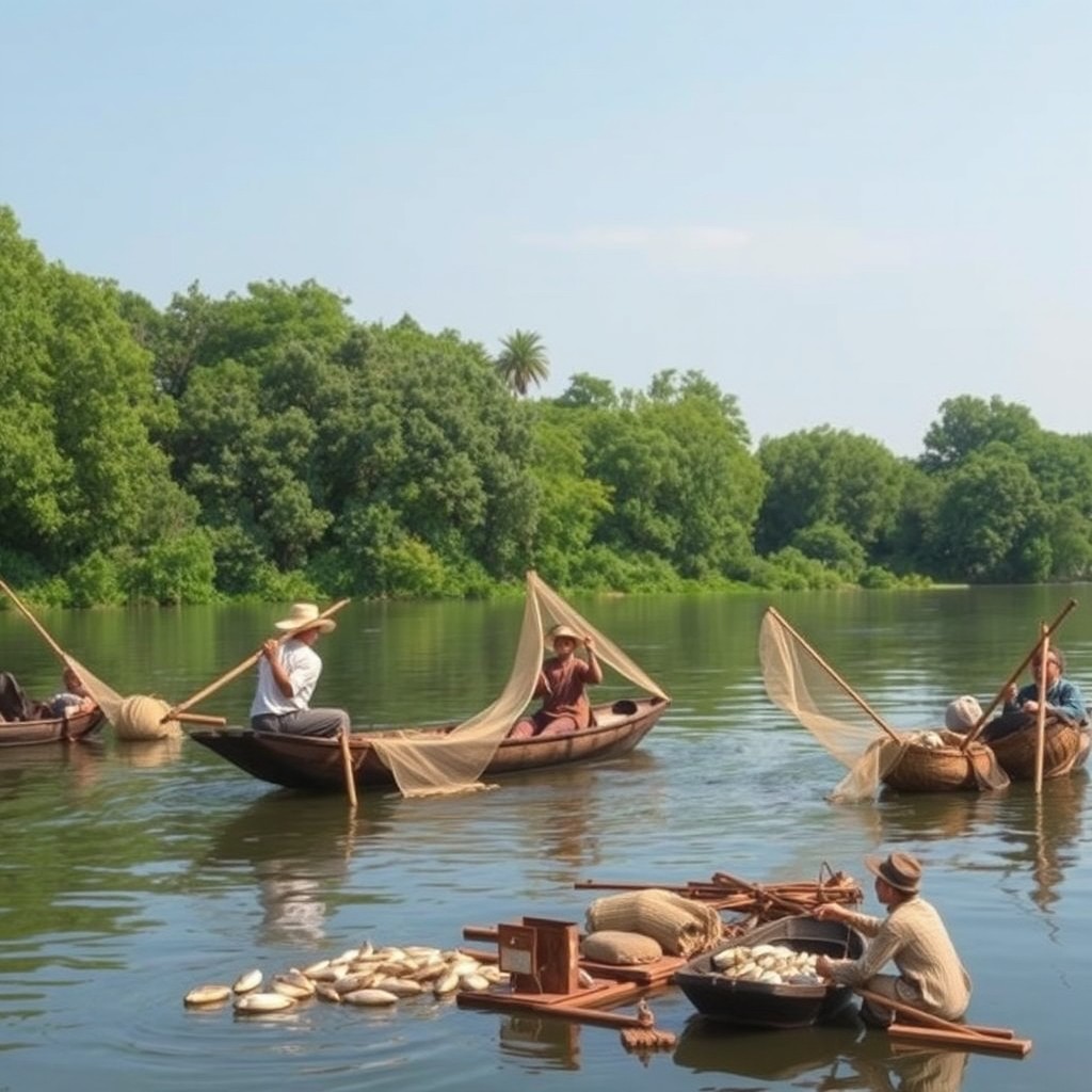 An ancient fishing scene depicting traditional fishing methods