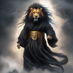 Ki Singalodra, an enigmatic figure shrouded in a black robe, his face hidden behind a fierce lion mask. Amidst a roaring thunderstorm, he bares his voice in a powerful roar.