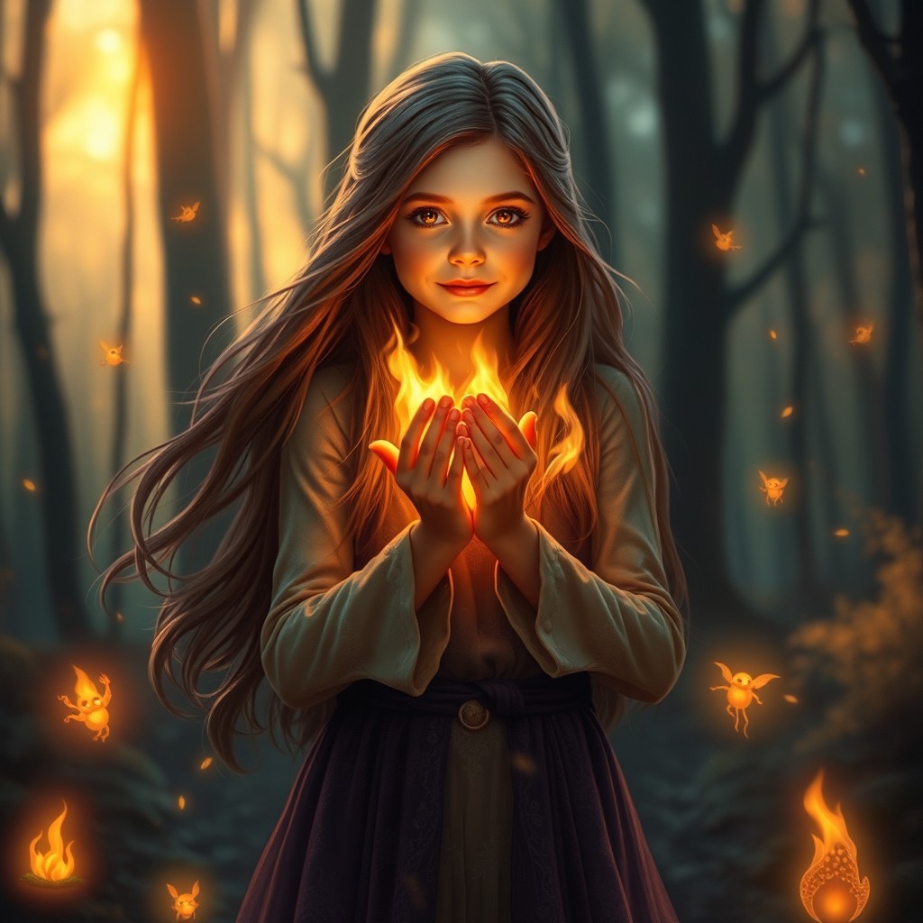 A young girl with long flowing hair, standing confidently in a mystical forest