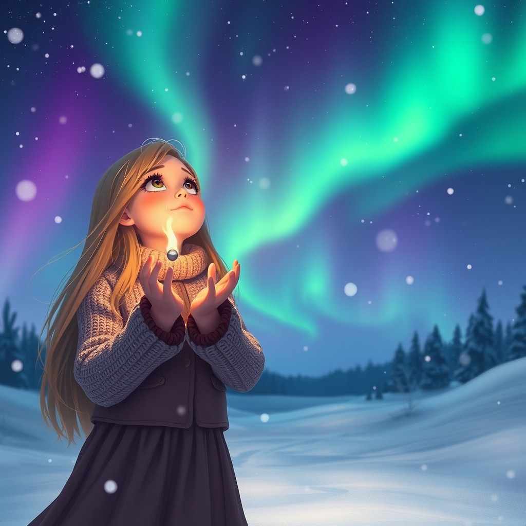 A captivating scene of a girl looking up at the Northern Lights with wonder in her eyes
