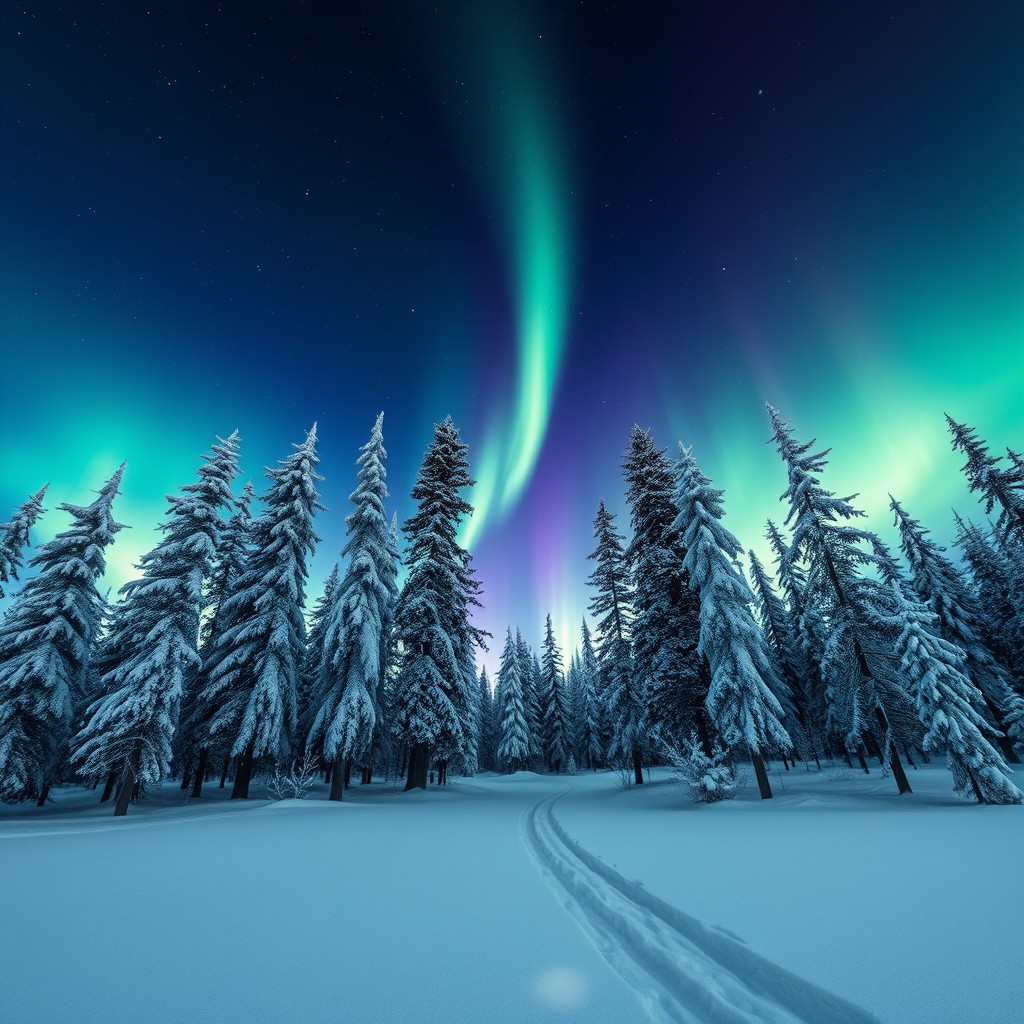 Northern lights illuminating a snowy forest, with tall, frosty trees and a blanket of fresh snow covering the ground