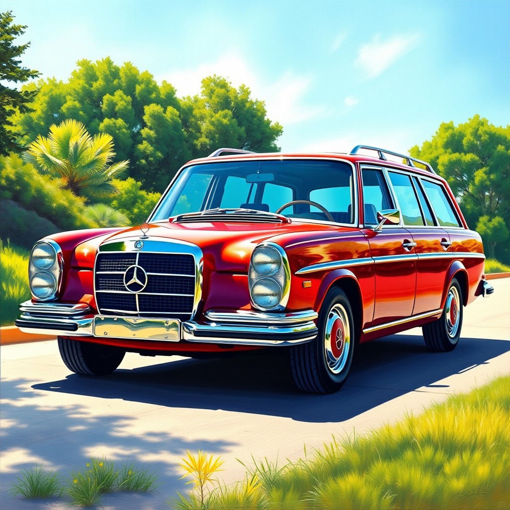 A beautifully detailed painting of a Mercedes Benz 200 station wagon, showcasing its elegant design and iconic features