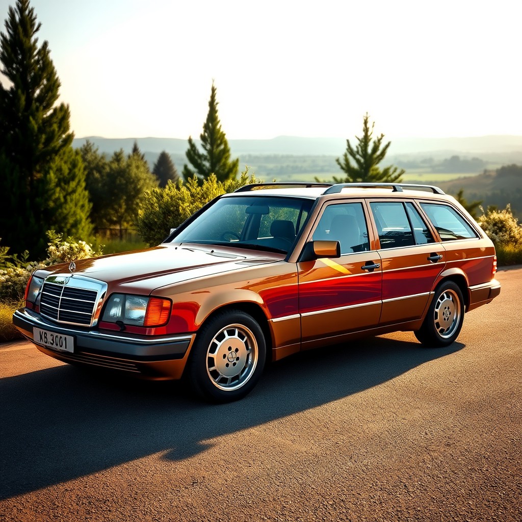 A beautifully painted Mercedes Benz W124 200 station wagon, featuring a stunning, glossy finish with a vibrant color scheme that highlights its sleek design