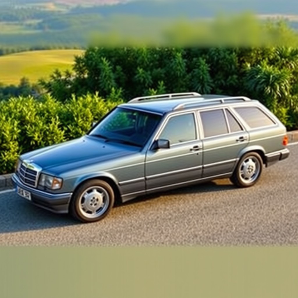 A beautifully painted Mercedes Benz W124 200 station wagon in a stunning bluish-gray color, featuring a glossy finish that accentuates the car's sleek lines and curves