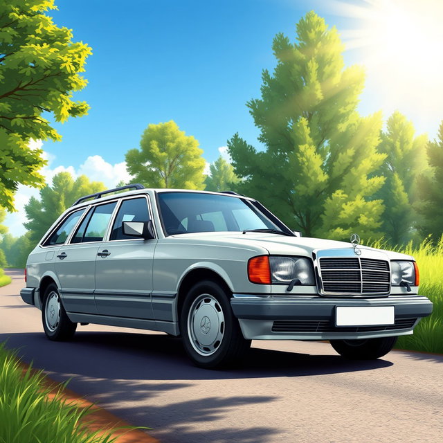 A beautifully detailed illustration of a light grey Mercedes Benz W124 200 estate car
