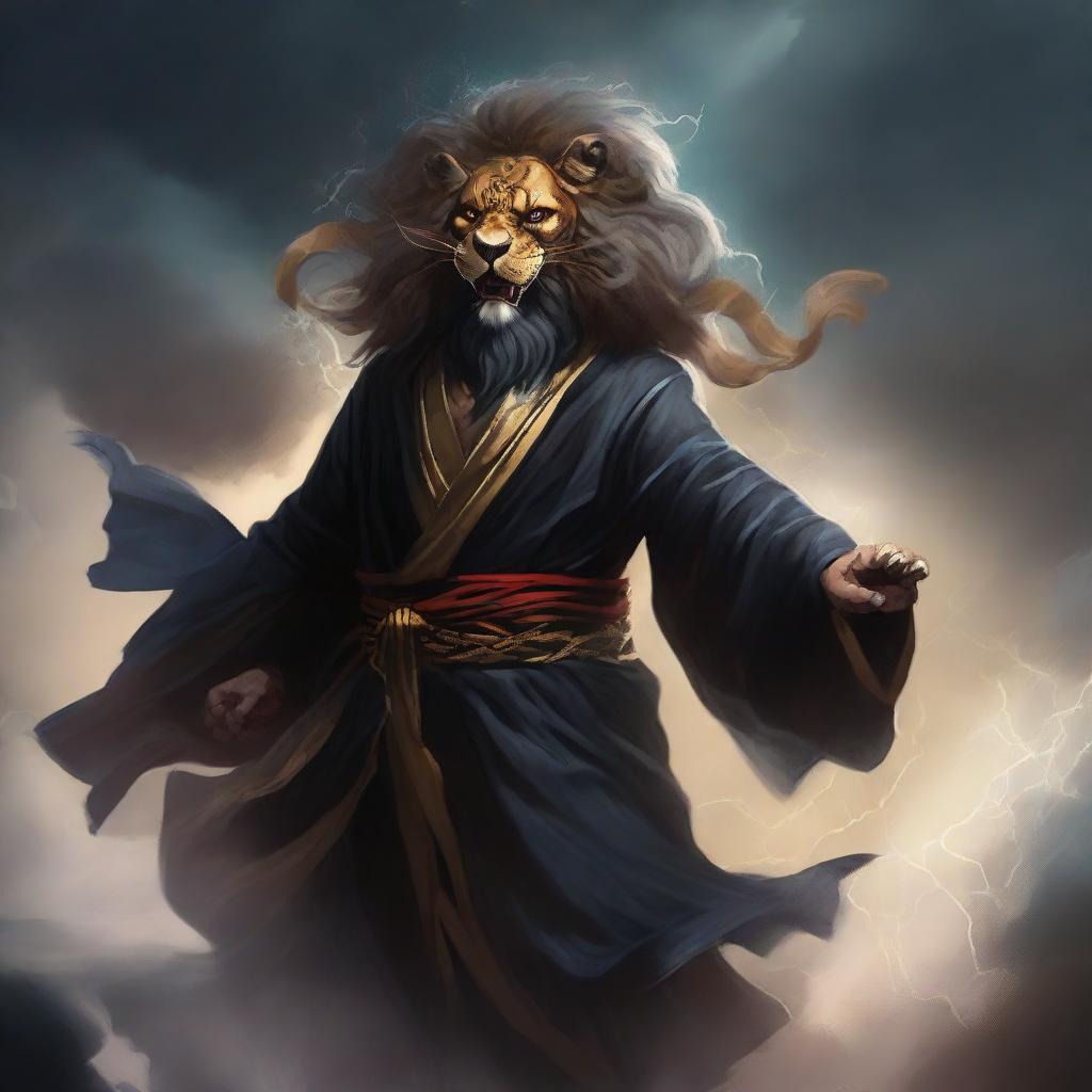 Ki Singalodra, an enigmatic figure shrouded in a black robe, his face hidden behind a fierce lion mask. Amidst a roaring thunderstorm, he bares his voice in a powerful roar.