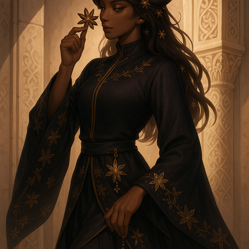A mysterious, anthropomorphic woman inspired by star anise, aged 28-35, with warm bronze-toned skin and dark amber eyes with star-shaped pupils. She has long, wavy dark brown hair adorned with black and gold star anise pod ornaments, glinting like stars. She is wearing a flowing, dark robe in deep black and wine-red tones, embroidered with gold star anise patterns along the cuffs and hem. The high collar elegantly frames her neck, exuding an air of enigmatic allure. 

She is posed elegantly against a stone pillar with intricate Arabian patterns, one hand resting on her hip, fingers grazing a gold star anise charm hanging from her belt. The other hand is raised, holding a star anise pod close to her nose, eyes closed as she inhales its intoxicating aroma. Her posture is graceful yet commanding, one leg slightly crossed over the other, the hem of her dark gown swaying gently in the breeze.