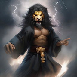 Ki Singalodra, an enigmatic figure shrouded in a black robe, his face hidden behind a fierce lion mask. Amidst a roaring thunderstorm, he bares his voice in a powerful roar.