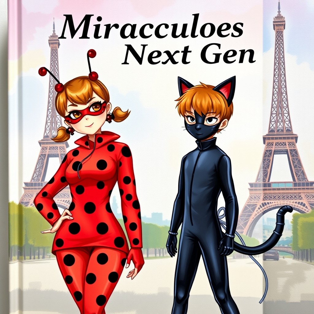A book cover featuring a stylized scene with a female character dressed in a vibrant red outfit adorned with black polka dots, inspired by a ladybug costume, complemented by ladybug-shaped earrings