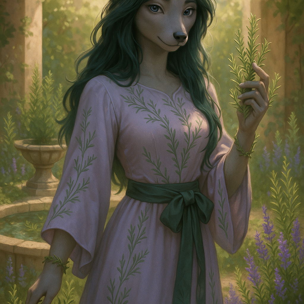 A beautiful anthropomorphic woman inspired by rosemary, aged 30-35, with long wavy dark green hair with subtle lavender sheen, deep blue eyes exuding mystery, and soft, full lips. She is wearing a floor-length, long-sleeved light purple gown with rosemary branch embroidery, a dark green silk sash around her waist. Her fingers entwined with slender rosemary leaves, wearing a bracelet made of rosemary twigs. She stands gracefully in a lush courtyard filled with rosemary, lavender, and thyme. A gentle, warm sunlight filters through the leaves, casting a soft glow around her. Behind her is an ancient stone fountain with rosemary leaves floating on the water, emitting a delicate, aromatic scent. —style: Japanese animation, Studio Ghibli-inspired, soft pastel palette, intricate botanical details, ethereal and serene atmosphere, highly detailed, 8k resolution, cinematic lighting, soft focus, watercolor texture.