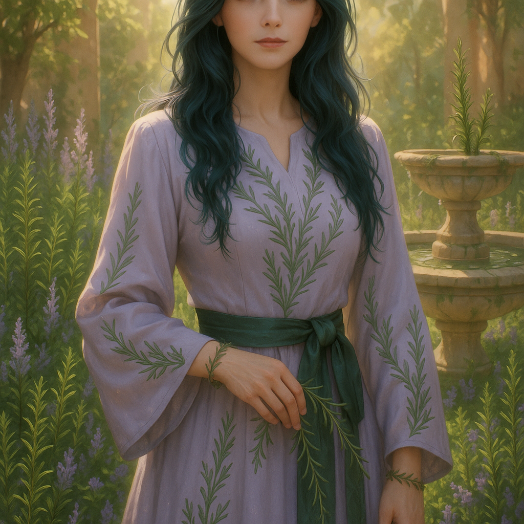 A beautiful woman , aged 30-35, with long wavy dark green hair with subtle lavender sheen, deep blue eyes exuding mystery, and soft, full lips. She is wearing a floor-length, long-sleeved light purple gown with rosemary branch embroidery, a dark green silk sash around her waist. Her fingers entwined with slender rosemary leaves, wearing a bracelet made of rosemary twigs. She stands gracefully in a lush courtyard filled with rosemary, lavender, and thyme. A gentle, warm sunlight filters through the leaves, casting a soft glow around her. Behind her is an ancient stone fountain with rosemary leaves floating on the water, emitting a delicate, aromatic scent. —style: Japanese animation,, soft pastel palette, intricate botanical details, ethereal and serene atmosphere, highly detailed, 8k resolution, cinematic lighting, soft focus, watercolor texture.