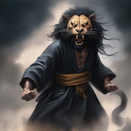 Ki Singalodra, an enigmatic figure shrouded in a black robe, his face hidden behind a fierce lion mask. Amidst a roaring thunderstorm, he bares his voice in a powerful roar.