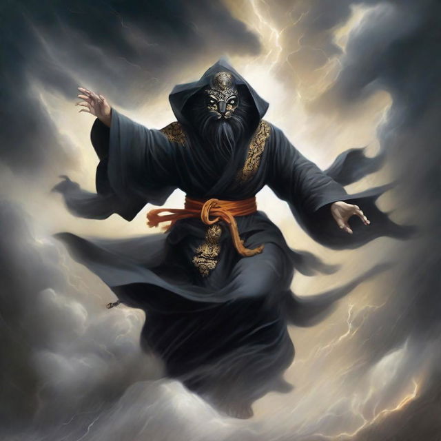 Ki Singalodra, an enigmatic figure clad in a black robe with lion motifs, his face concealed by a black mask, soars through a tumultuous thunderstorm.