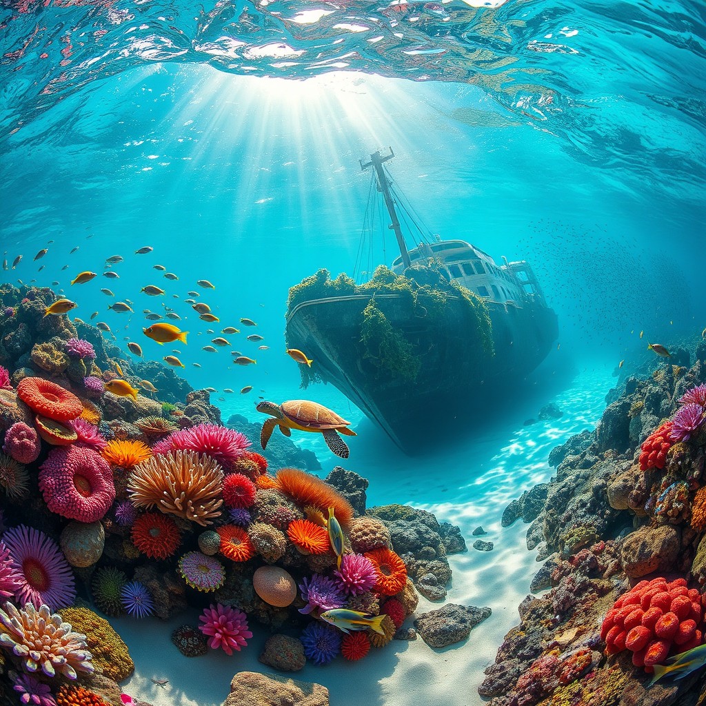 A vibrant and captivating underwater scene featuring a lush coral reef filled with a diverse array of colorful fish, anemones, and sea turtles gracefully gliding through the crystal clear water