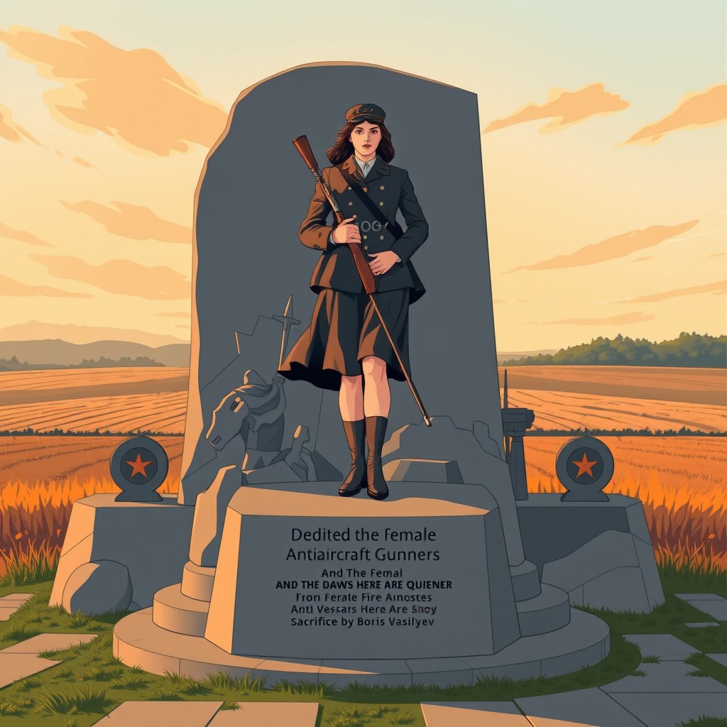 A beautifully illustrated monument dedicated to the female anti-aircraft gunners from the story 'And the Dawns Here Are Quiet' by Boris Vasilyev