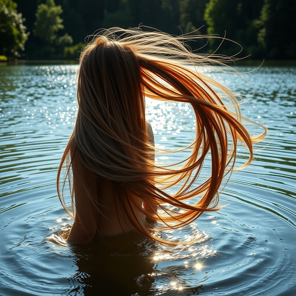 A dynamic scene depicting a person with long, flowing hair performing a Fibonacci pattern hair whip in a serene lake setting