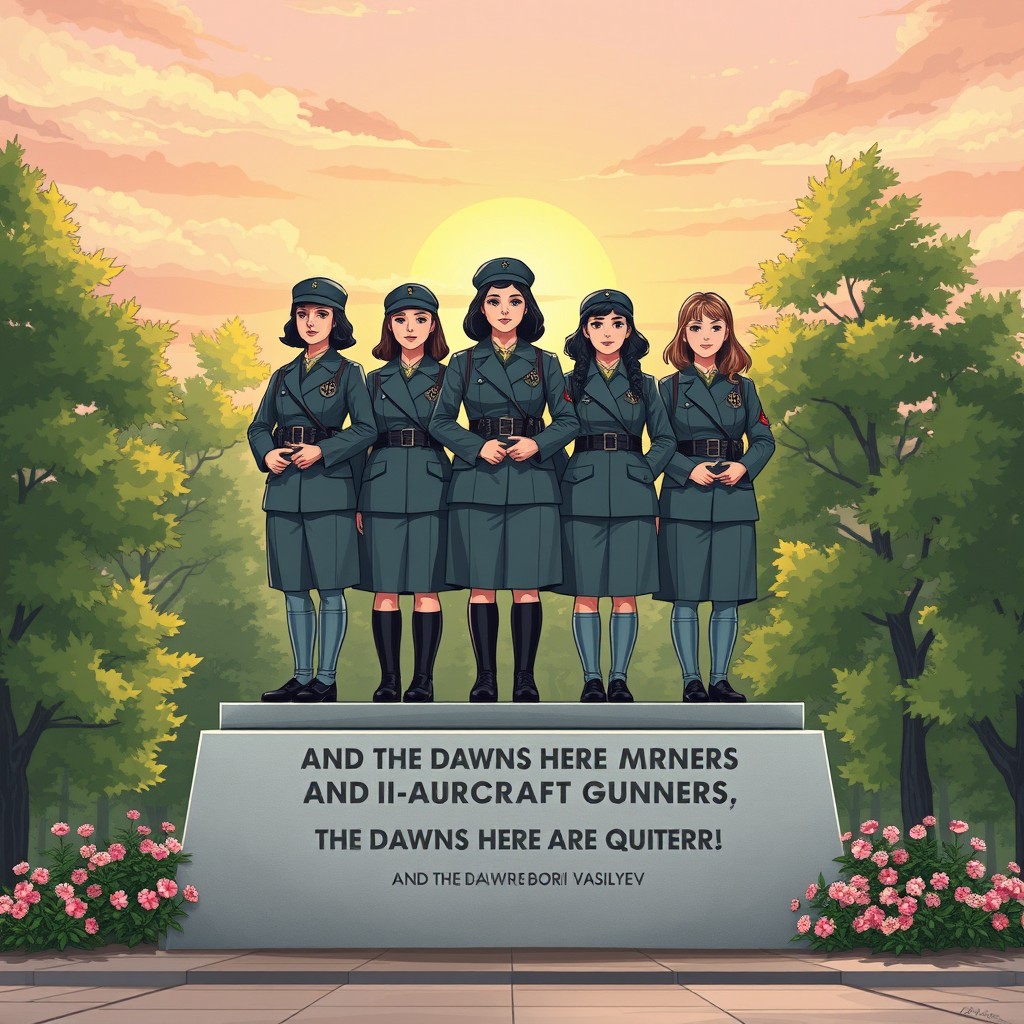 A beautifully illustrated monument dedicated to the five female anti-aircraft gunners from the story "And the Dawns Here Are Quiet" by Boris Vasilyev