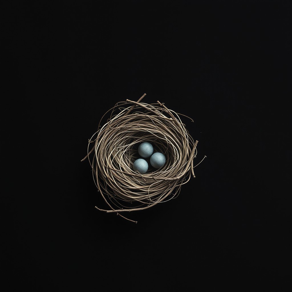 A minimalist book cover for a detective novel, featuring a delicate nest in the center symbolizing protection and comfort