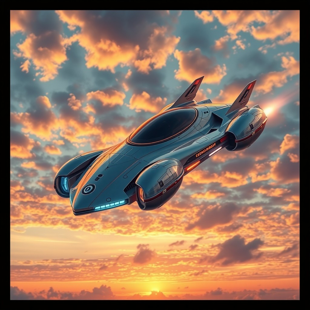 A futuristic and elegant flying vehicle known as the 'Obamache Viman' soaring through a vibrant sky filled with fluffy clouds