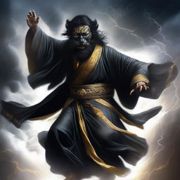 Ki Singalodra, an enigmatic figure clad in a black robe with lion motifs, his face concealed by a black mask, soars through a tumultuous thunderstorm.