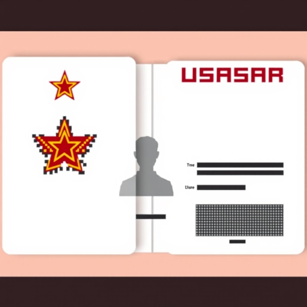 Three pages of a pixel art passport designed as 'USASR', inspired by the Soviet Union's emblem but featuring an American star
