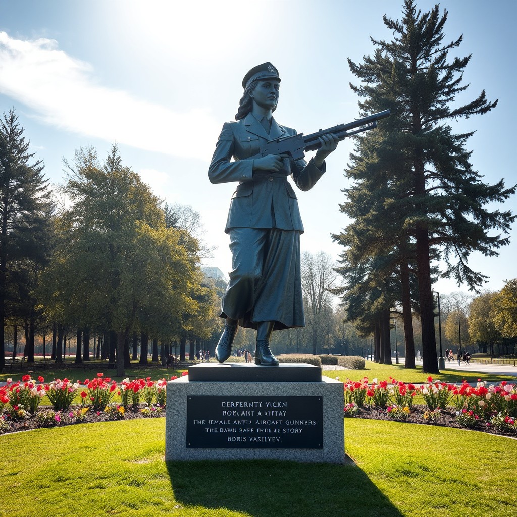 A solemn monument honoring the female anti-aircraft gunners depicted in Boris Vasilyev's story 'The Dawns Here Are Quiet'
