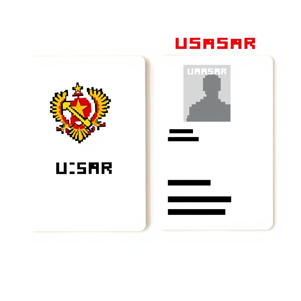 Three pages of a pixel art passport titled 'USASR', designed to mimic the symbolism of the USSR but featuring an American star