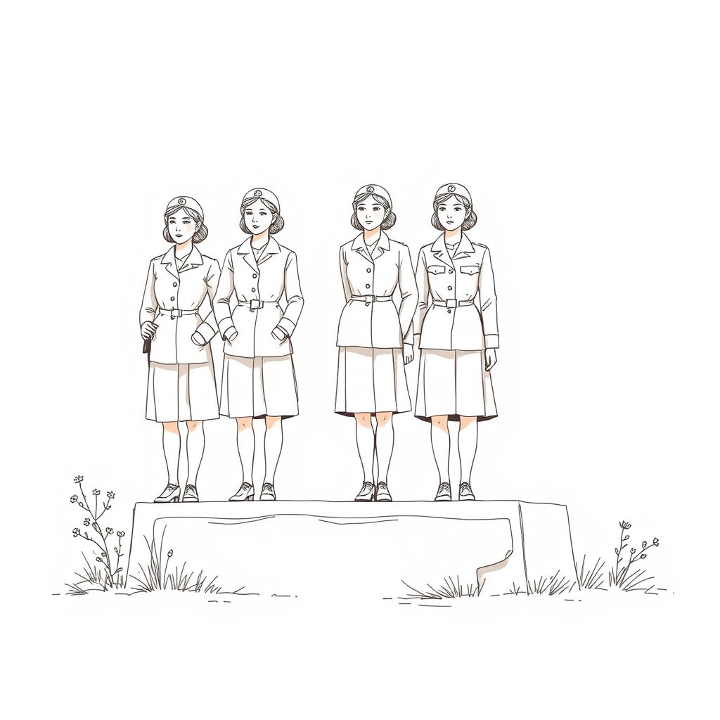 A light and delicate drawing of a monument dedicated to the five female anti-aircraft gunners from Boris Vasilyev's story 'The Dawns Here Are Quiet'