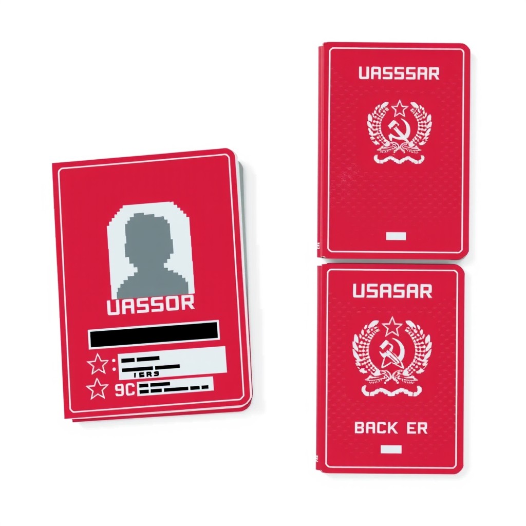 Three pages designed in pixel art style on a white background, resembling a passport titled 'USASR'