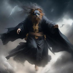 Ki Singalodra, an enigmatic figure clad in a black robe with lion motifs, his face concealed by a black mask, soars through a tumultuous thunderstorm.