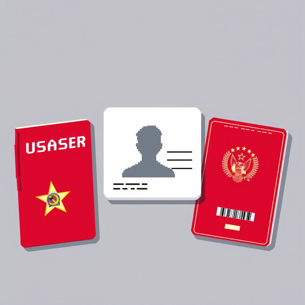 Three pages resembling a passport titled "USASR", featuring a design that mimics Soviet symbols with an American star at the center
