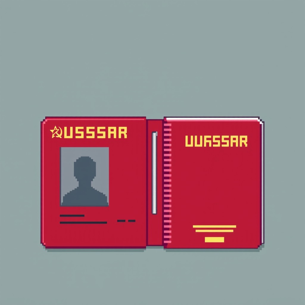 A pixel art representation of a passport titled 'USASR', featuring a design inspired by Soviet symbols but incorporating an American star
