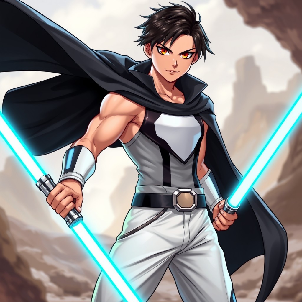 A dynamic character with short black hair, wearing a flowing black cape