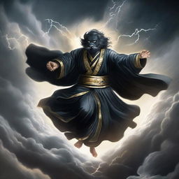 Ki Singalodra, an enigmatic figure clad in a black robe with lion motifs, his face concealed by a black mask, soars through a tumultuous thunderstorm.