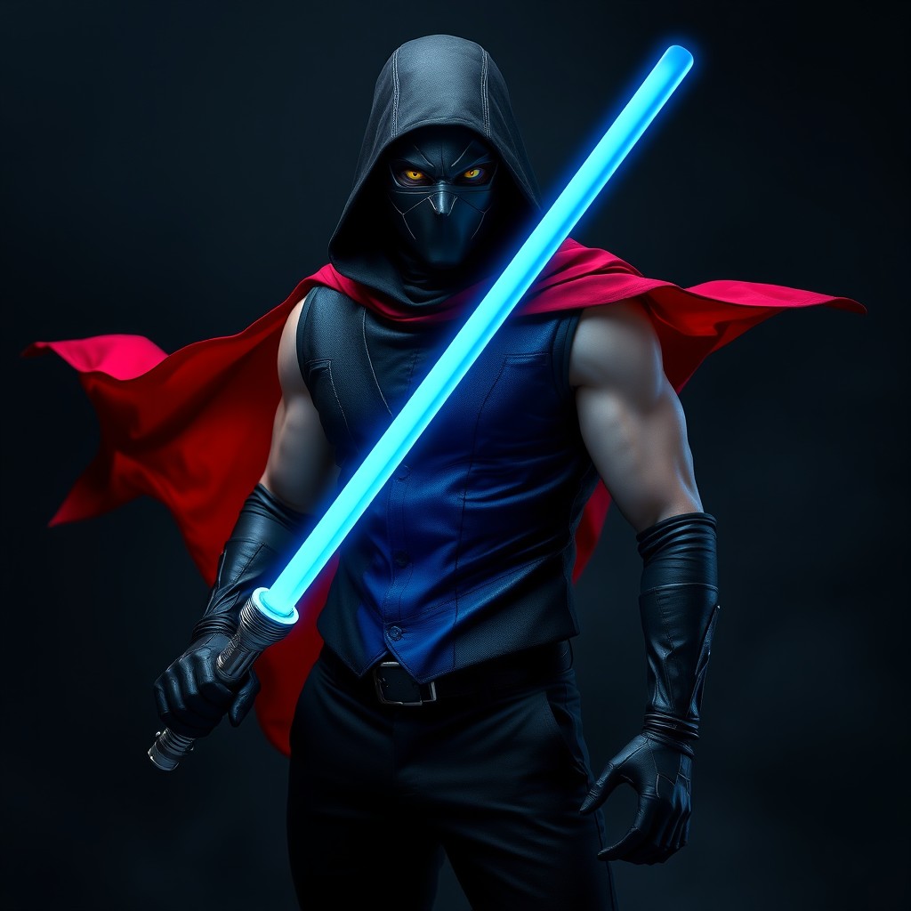 A mysterious character wearing a black mask, with striking yellow eyes that stand out against the mask