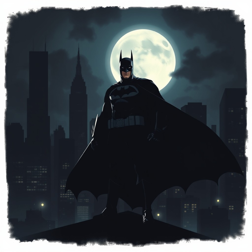 A dramatic and artistic scene featuring Batman silhouetted against a dark, moody cityscape at night