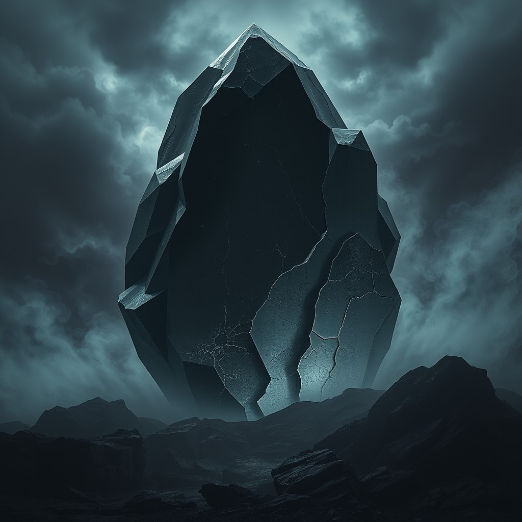 A large, ominous crystal made of black and grey hues, exuding an aura of despair and misfortune