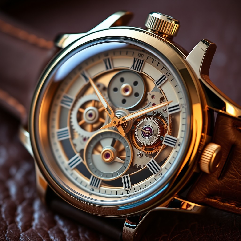 A beautifully crafted watch, featuring an intricate design of gears and cogs visible through a sapphire crystal glass, set against a luxurious leather background