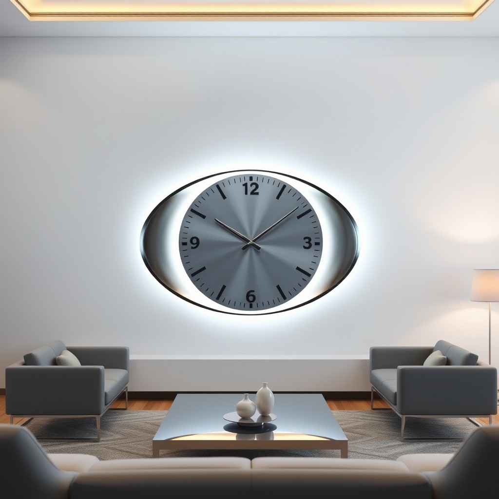 An artistic representation of a clock designed in the shape of an ellipse, featuring elegant hour and minute hands, a minimalist face with markings instead of numbers, and a polished metallic finish