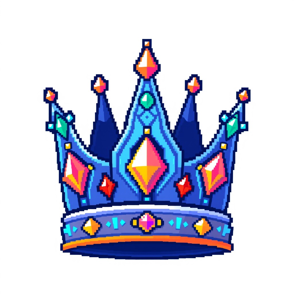A pixel art crown designed with a colorful and whimsical style, featuring intricate details like jewels and patterns embedded within the crown design, set against a clean white background
