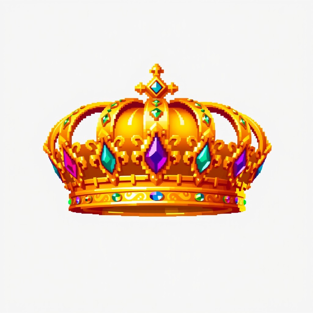 A pixel art golden crown, rich in detail with a shiny and metallic appearance, adorned with colorful gemstones and intricate patterns