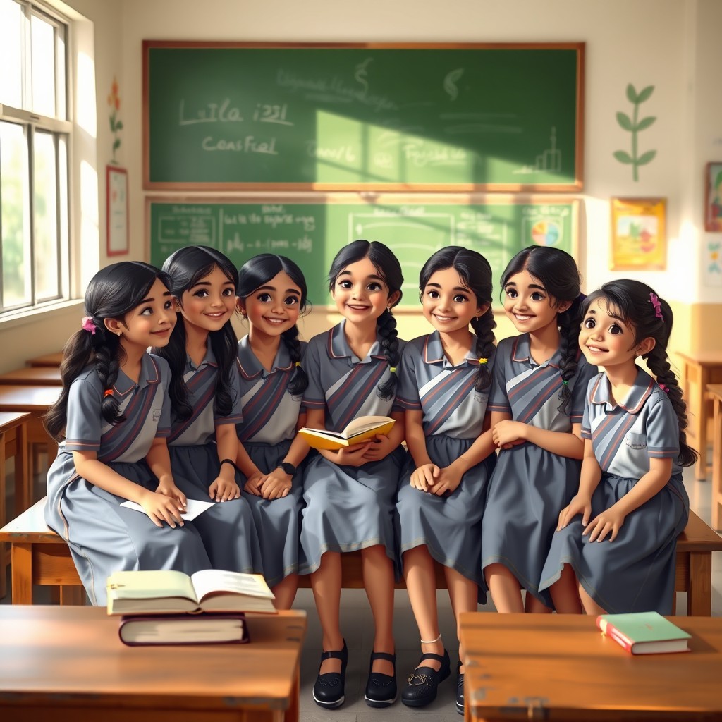 A nostalgic and heartwarming scene showcasing six Malayali school girls, dressed in traditional school uniforms, sitting together on a classroom bench