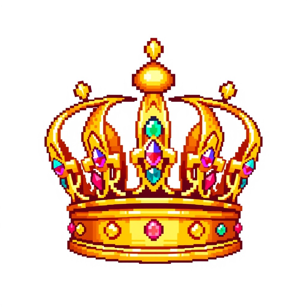 A small pixel art golden crown, intricately designed with a shiny metallic finish and adorned with tiny colorful jewels