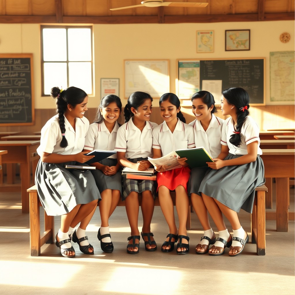 A nostalgic scene depicting six Malayali school girls in the 1980s, sitting together on a wooden bench in a traditional classroom