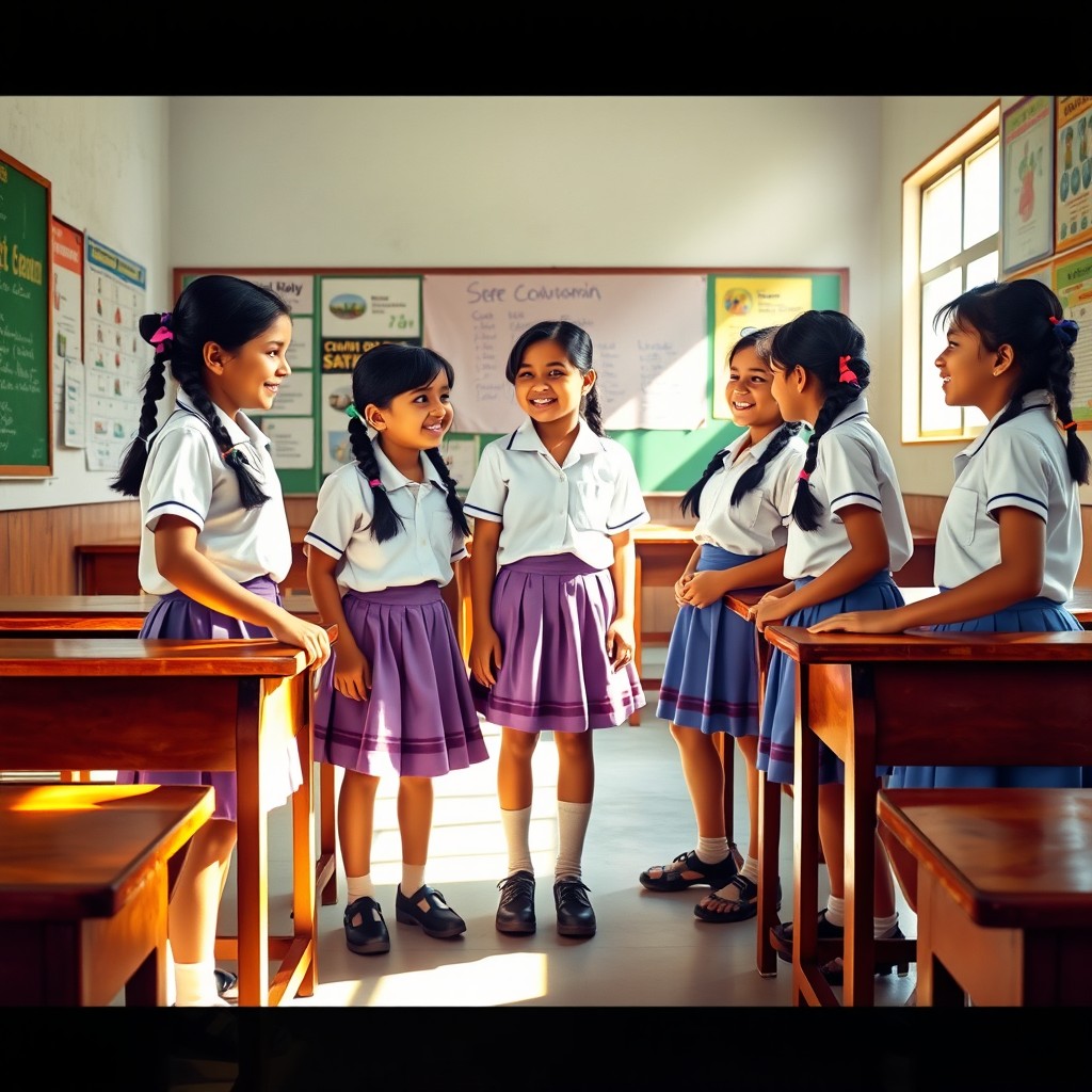 A vibrant scene depicting six Malayali school girls, around 10 years old, in a 1980s classroom setting