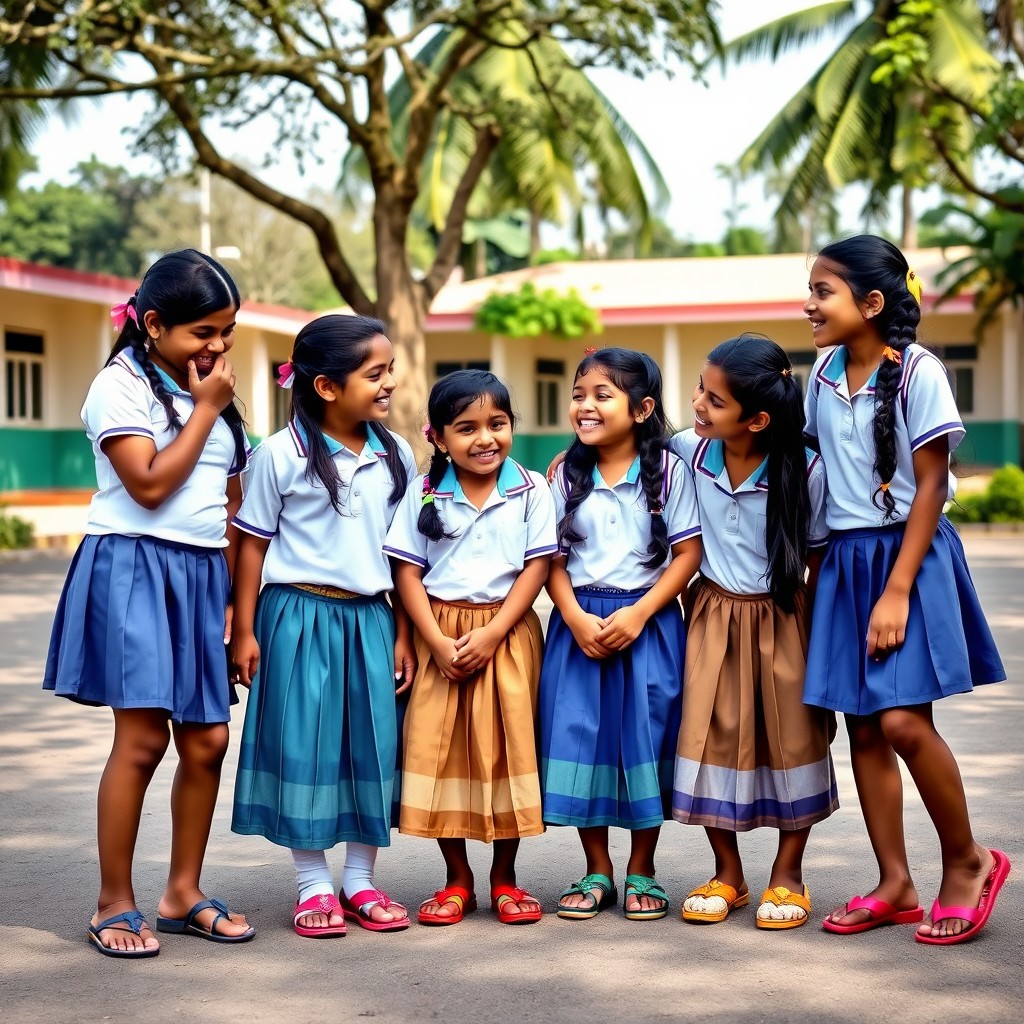 A lively scene featuring six Malayali school girls, around 10 years old, wearing traditional school uniforms with short skirts and white blouses