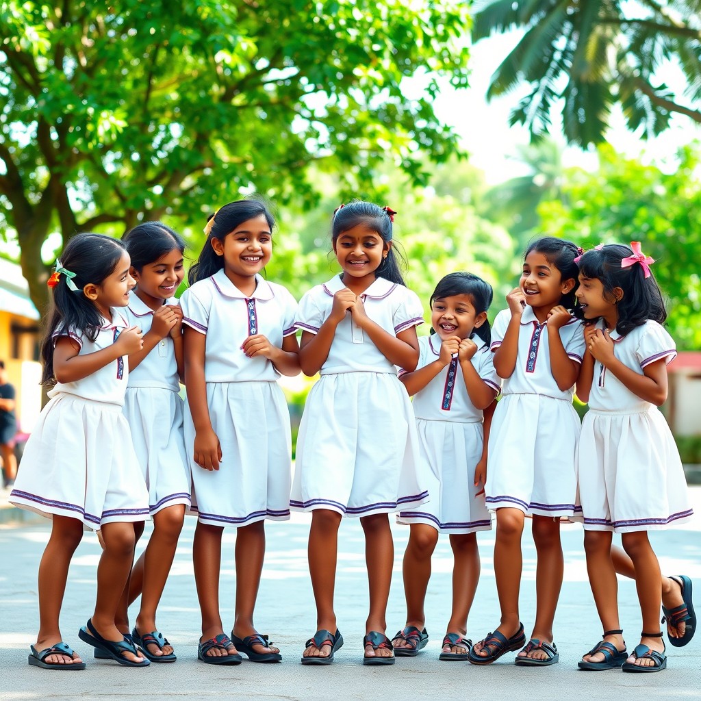 A charming scene featuring six Malayali school girls, around 10 years old, each wearing traditional school uniforms consisting of white blouses and short skirts