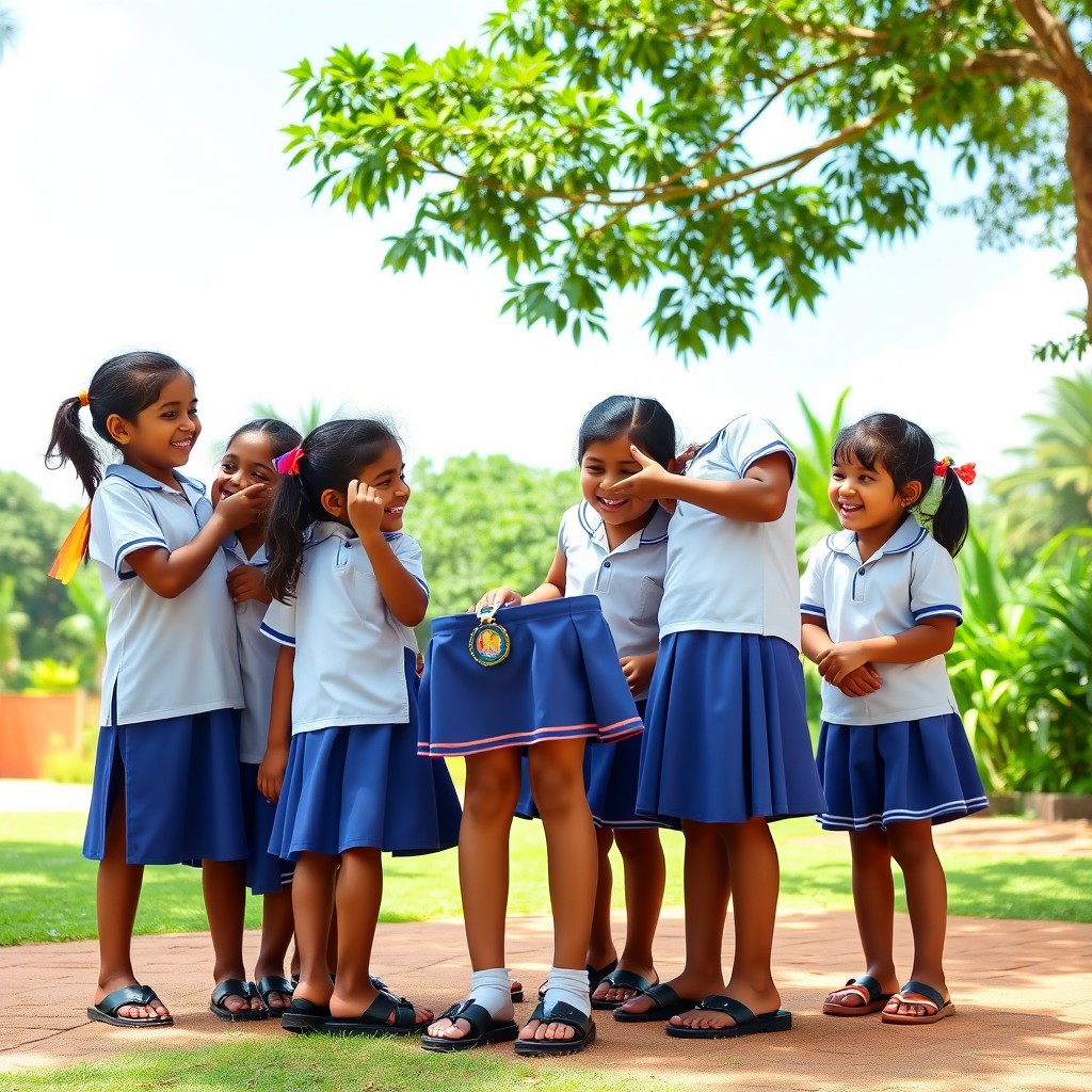 A delightful scene showcasing six Malayali school girls, around 10 years old, wearing a matching uniform of white and blue